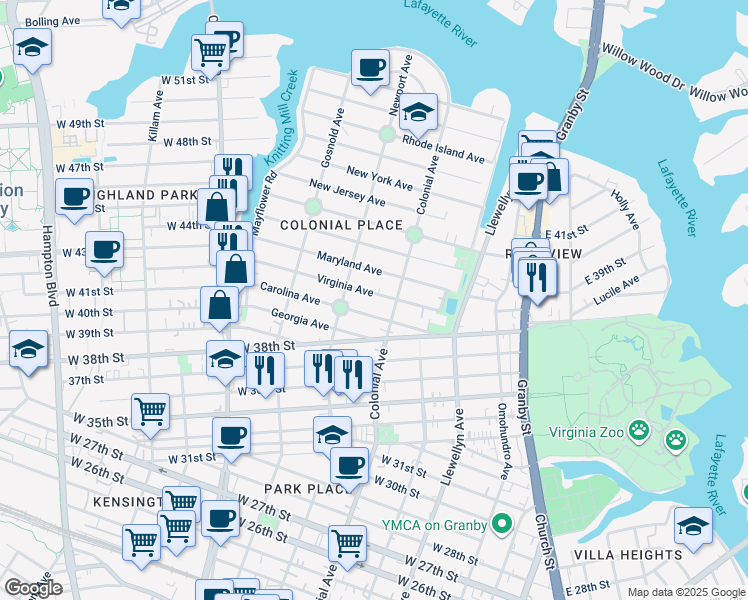 map of restaurants, bars, coffee shops, grocery stores, and more near 527 Virginia Avenue in Norfolk