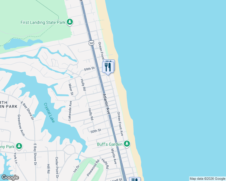 map of restaurants, bars, coffee shops, grocery stores, and more near 5410 Ocean Front Avenue in Virginia Beach