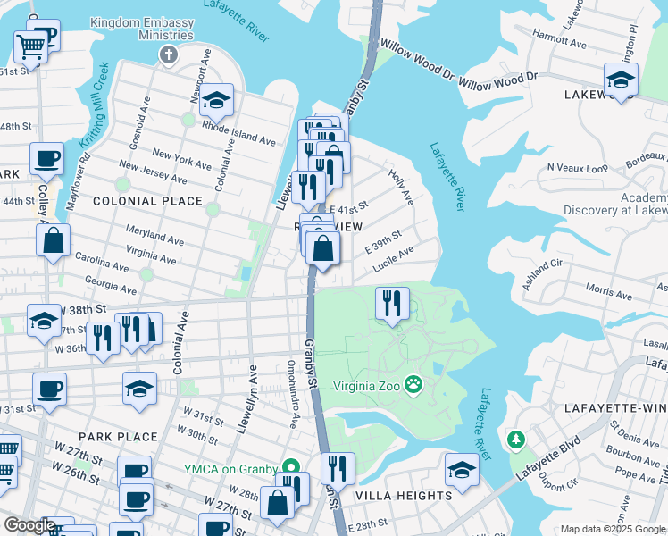 map of restaurants, bars, coffee shops, grocery stores, and more near 117 East 39th Street in Norfolk