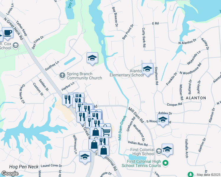 map of restaurants, bars, coffee shops, grocery stores, and more near 1432 Water Mill Circle in Virginia Beach