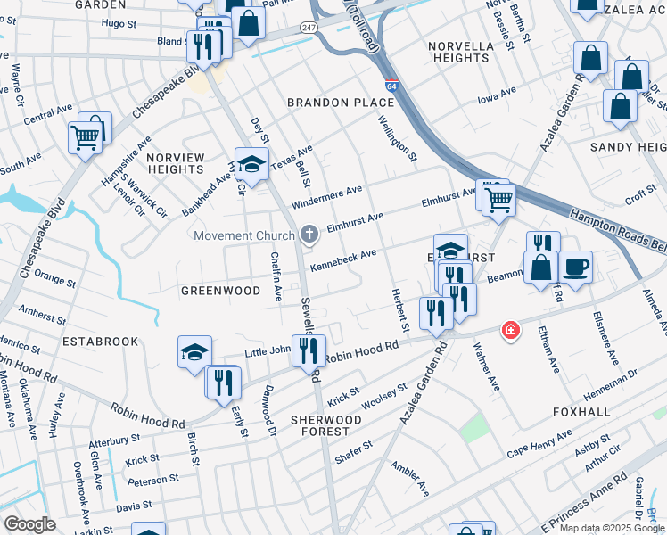 map of restaurants, bars, coffee shops, grocery stores, and more near 4833 Kennebeck Avenue in Norfolk
