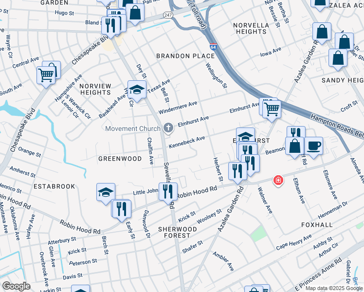 map of restaurants, bars, coffee shops, grocery stores, and more near 4833 Kennebeck Avenue in Norfolk