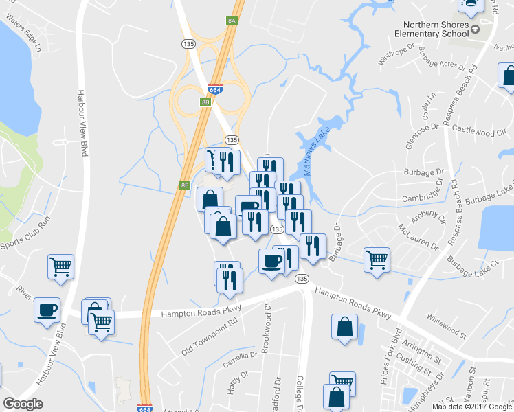 map of restaurants, bars, coffee shops, grocery stores, and more near 6251 College Dr in Suffolk