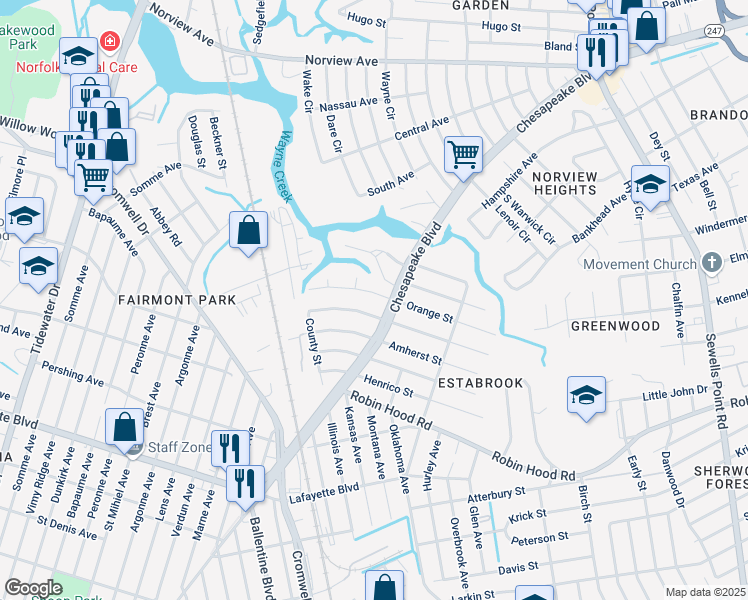 map of restaurants, bars, coffee shops, grocery stores, and more near 3579 Orange Street in Norfolk