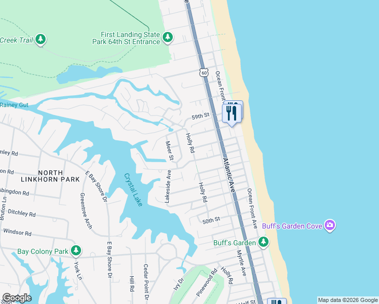 map of restaurants, bars, coffee shops, grocery stores, and more near 5512 Holly Road in Virginia Beach