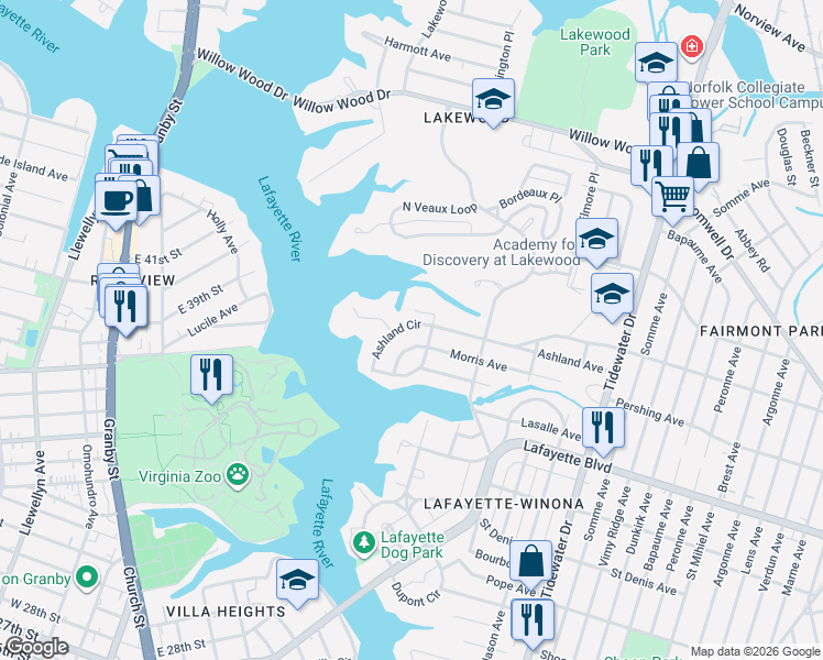 map of restaurants, bars, coffee shops, grocery stores, and more near 1464 Ashland Circle in Norfolk