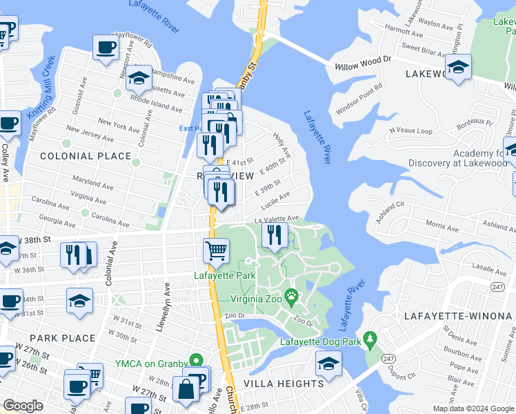 map of restaurants, bars, coffee shops, grocery stores, and more near 222 Lucile Avenue in Norfolk