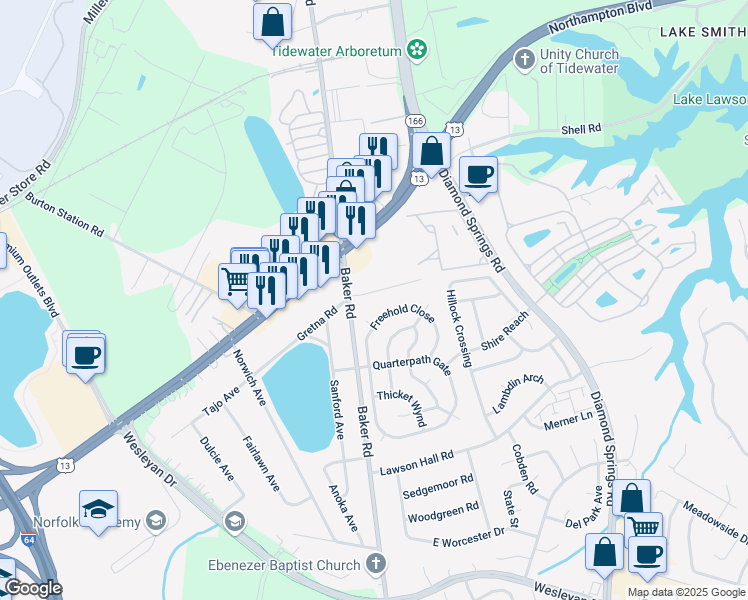 map of restaurants, bars, coffee shops, grocery stores, and more near 5633 Anthony Road in Virginia Beach