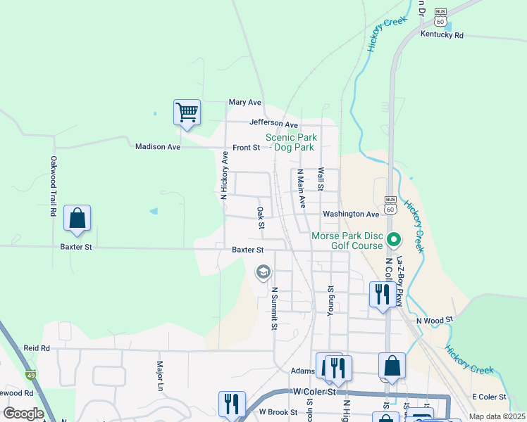 map of restaurants, bars, coffee shops, grocery stores, and more near 1213 Oak Street in Neosho