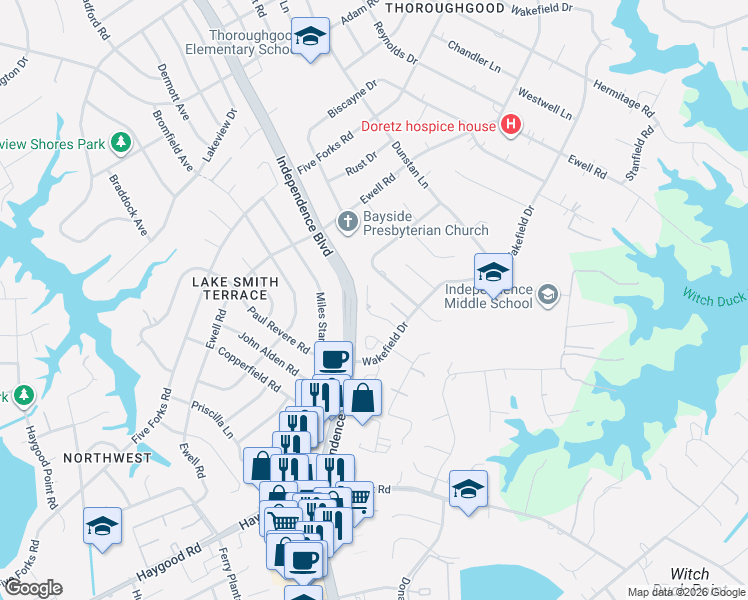 map of restaurants, bars, coffee shops, grocery stores, and more near 4551 Good Adams Lane in Virginia Beach
