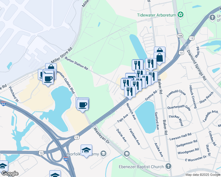map of restaurants, bars, coffee shops, grocery stores, and more near 5819 Burton Station Road in Virginia Beach