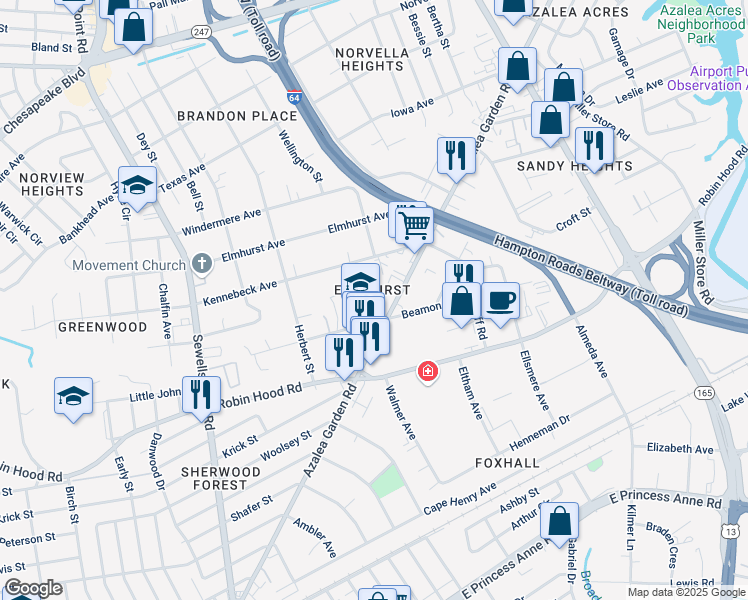map of restaurants, bars, coffee shops, grocery stores, and more near 3131 Azalea Garden Road in Norfolk