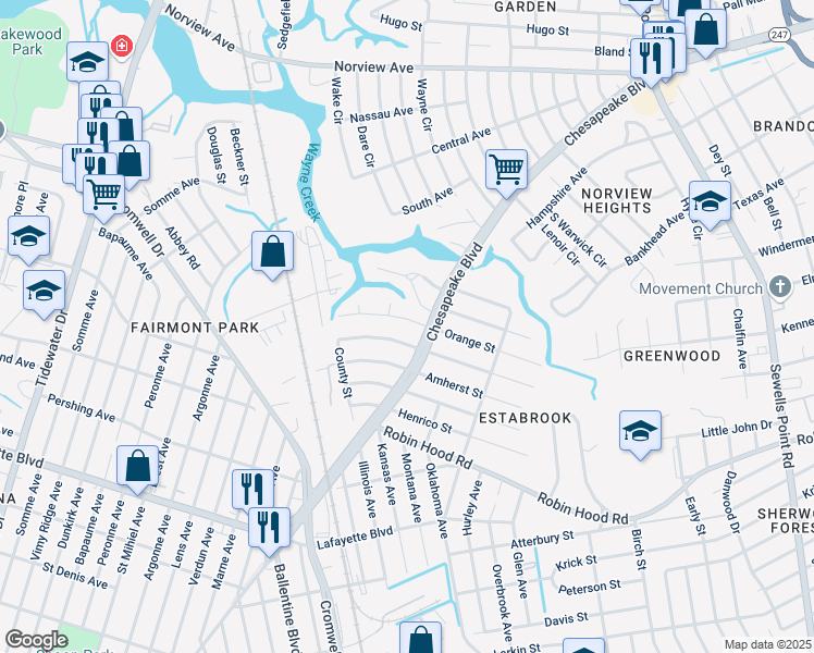 map of restaurants, bars, coffee shops, grocery stores, and more near 3579 Orange Street in Norfolk