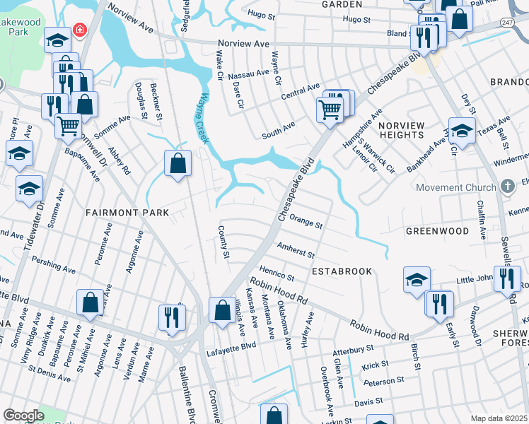 map of restaurants, bars, coffee shops, grocery stores, and more near 3579 Orange Street in Norfolk