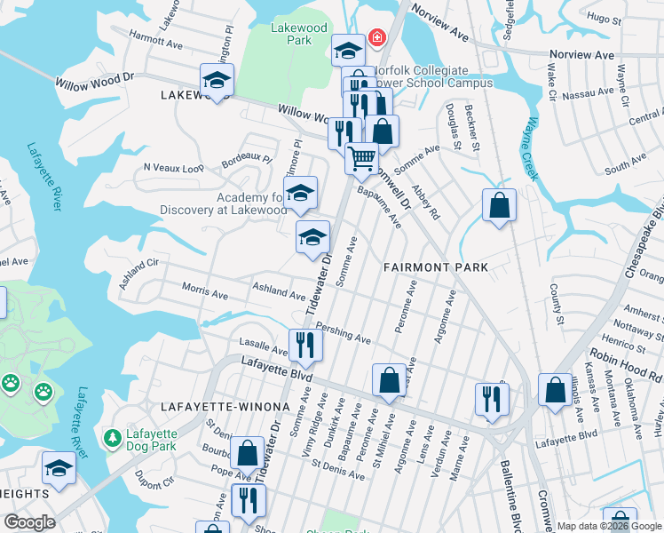 map of restaurants, bars, coffee shops, grocery stores, and more near 3410 Tidewater Drive in Norfolk