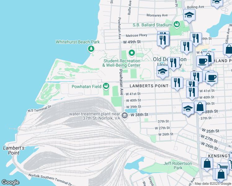 map of restaurants, bars, coffee shops, grocery stores, and more near 4251 Powhatan Avenue in Norfolk