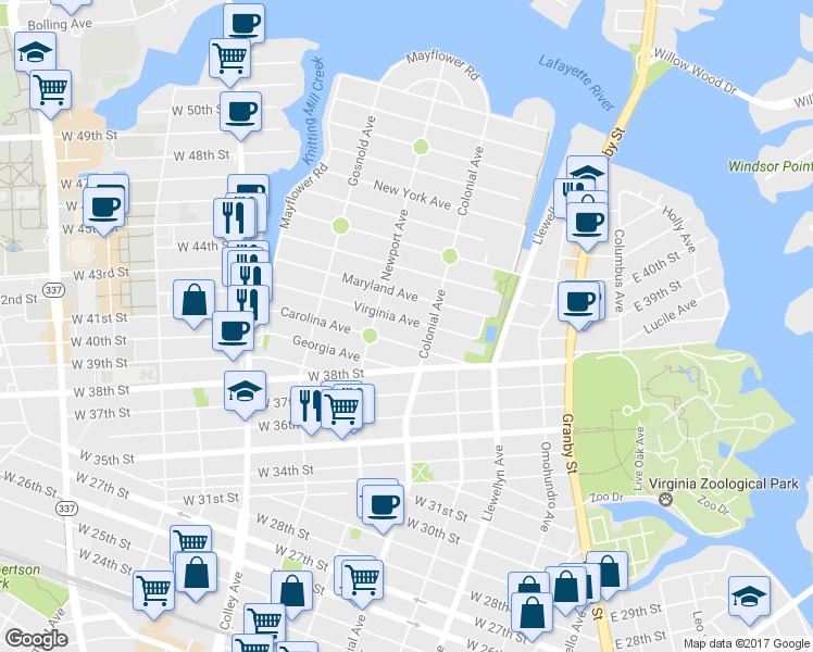 map of restaurants, bars, coffee shops, grocery stores, and more near 527 Virginia Avenue in Norfolk