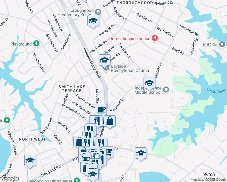 map of restaurants, bars, coffee shops, grocery stores, and more near 4551 Good Adams Lane in Virginia Beach