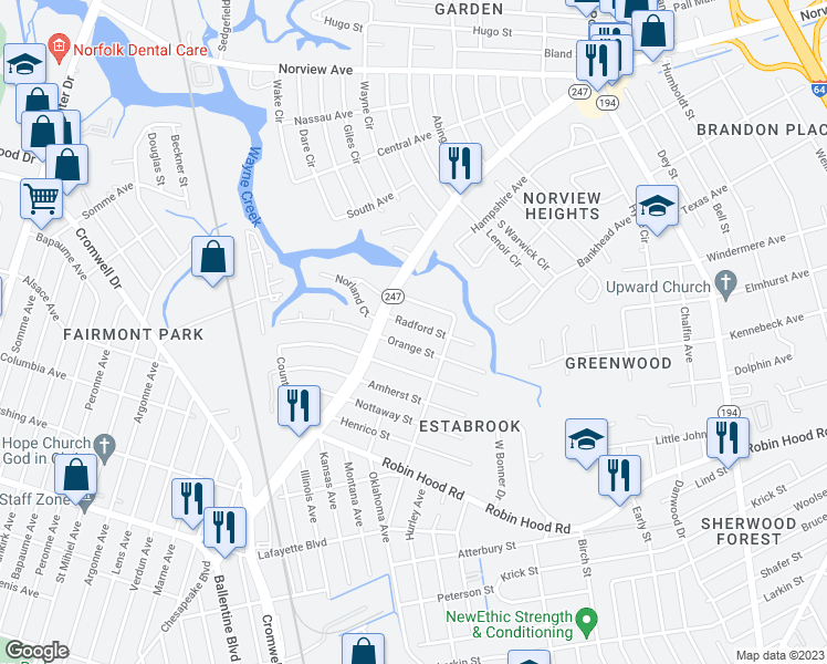 map of restaurants, bars, coffee shops, grocery stores, and more near 3627 Radford Street in Norfolk