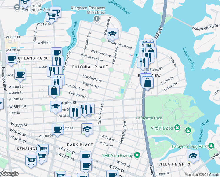 map of restaurants, bars, coffee shops, grocery stores, and more near 444 Virginia Avenue in Norfolk