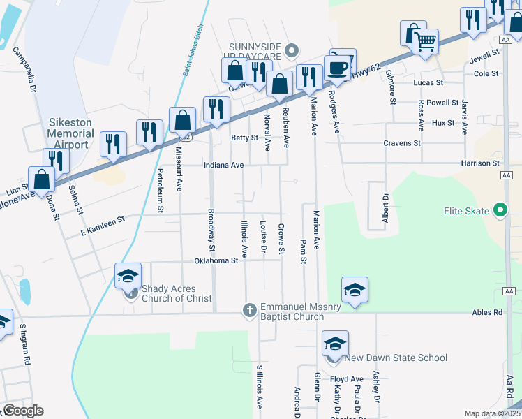 map of restaurants, bars, coffee shops, grocery stores, and more near 2008 Kentucky Street in Sikeston