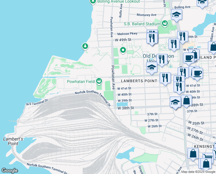 map of restaurants, bars, coffee shops, grocery stores, and more near 4251 Powhatan Avenue in Norfolk