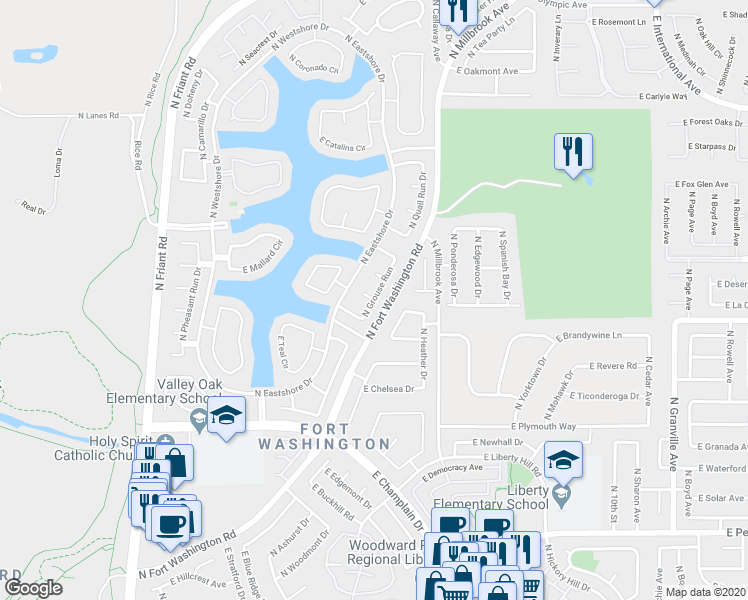 map of restaurants, bars, coffee shops, grocery stores, and more near North Grouse Run & East Bobwhite Court in Fresno