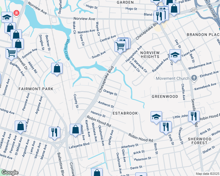 map of restaurants, bars, coffee shops, grocery stores, and more near 3627 Radford Street in Norfolk