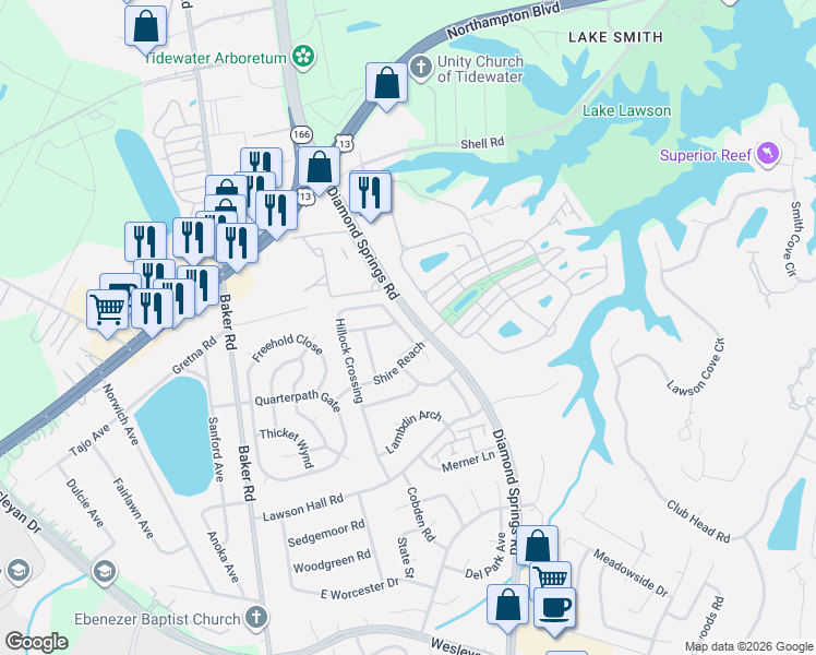 map of restaurants, bars, coffee shops, grocery stores, and more near 1122 Hillock Crossing in Virginia Beach