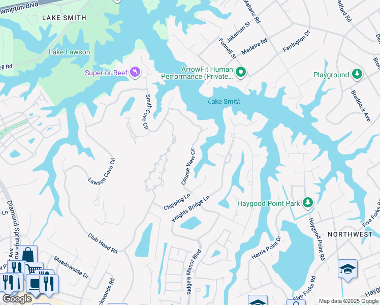 map of restaurants, bars, coffee shops, grocery stores, and more near 1237 Course View Circle in Virginia Beach