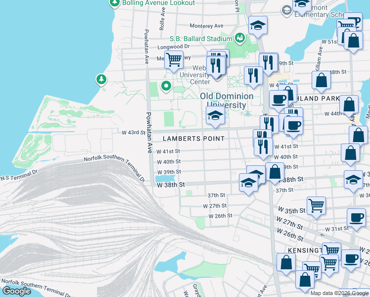 map of restaurants, bars, coffee shops, grocery stores, and more near 1442 West 41st Street in Norfolk