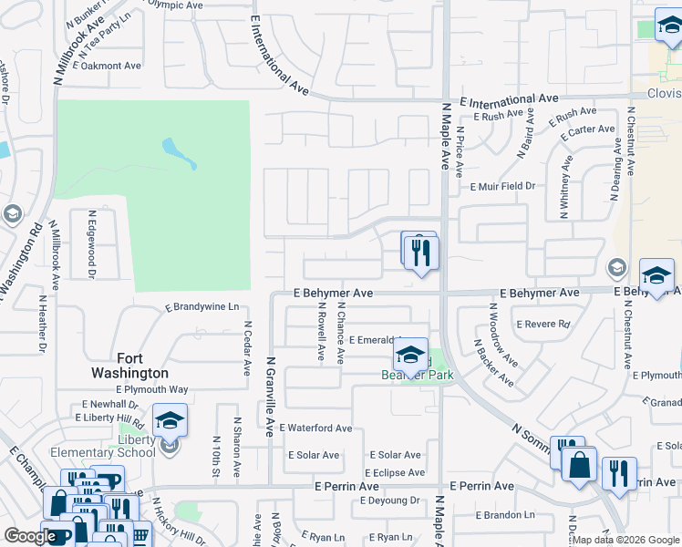 map of restaurants, bars, coffee shops, grocery stores, and more near 1640 East La Quinta Drive in Fresno
