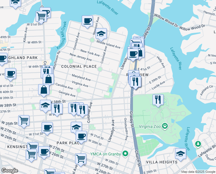 map of restaurants, bars, coffee shops, grocery stores, and more near 417 Maryland Avenue in Norfolk