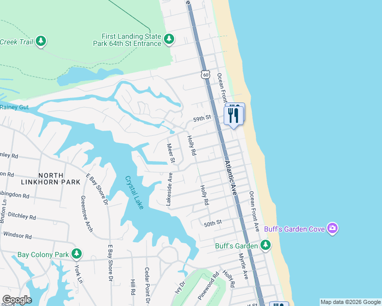 map of restaurants, bars, coffee shops, grocery stores, and more near 5512 Holly Road in Virginia Beach