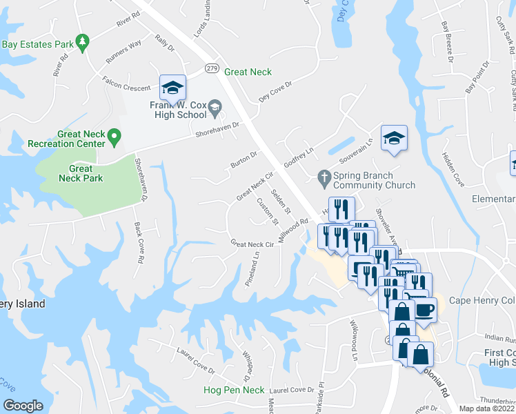 map of restaurants, bars, coffee shops, grocery stores, and more near 1537 Custom Street in Virginia Beach