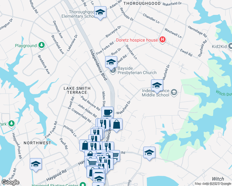 map of restaurants, bars, coffee shops, grocery stores, and more near 4551 Good Adams Lane in Virginia Beach