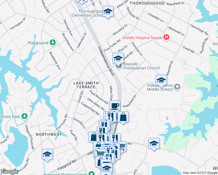 map of restaurants, bars, coffee shops, grocery stores, and more near 4632 Miles Standish Road in Virginia Beach