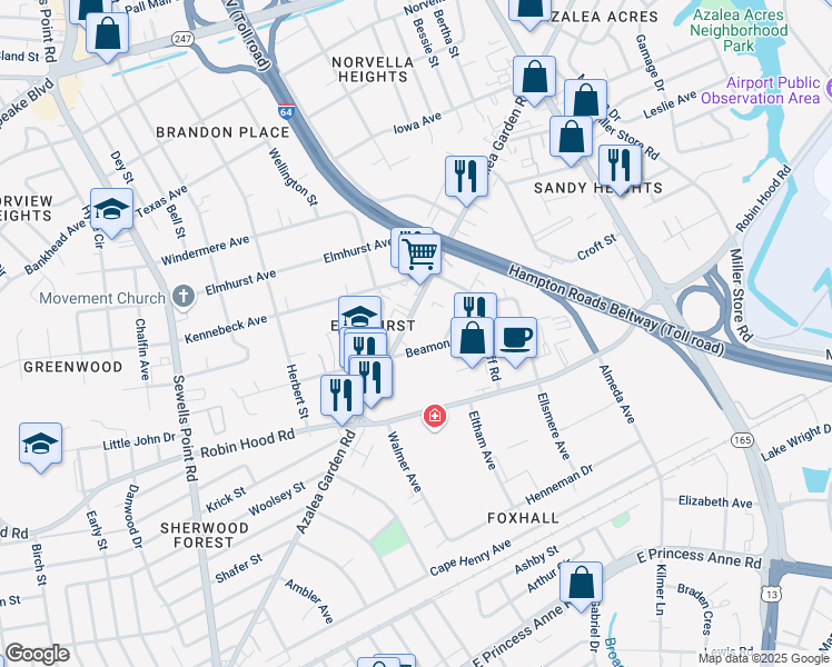 map of restaurants, bars, coffee shops, grocery stores, and more near 5280 Beamon Road in Norfolk