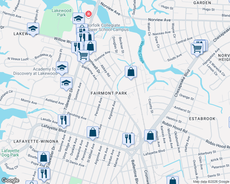 map of restaurants, bars, coffee shops, grocery stores, and more near 2502 Cromwell Drive in Norfolk