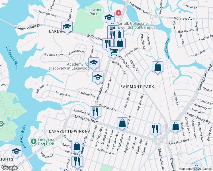 map of restaurants, bars, coffee shops, grocery stores, and more near 3410 Tidewater Drive in Norfolk