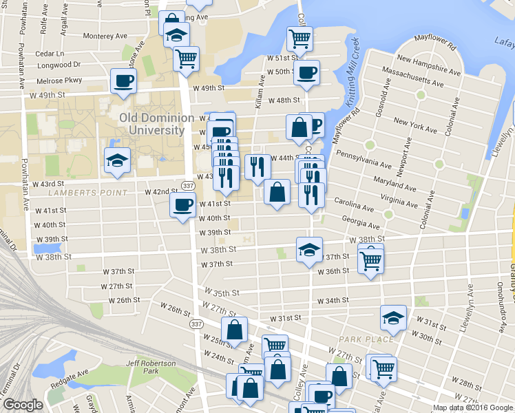 map of restaurants, bars, coffee shops, grocery stores, and more near 859 West 41st Street in Norfolk