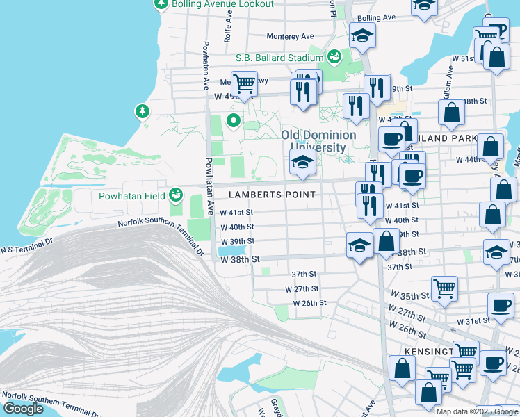 map of restaurants, bars, coffee shops, grocery stores, and more near 1442 West 41st Street in Norfolk