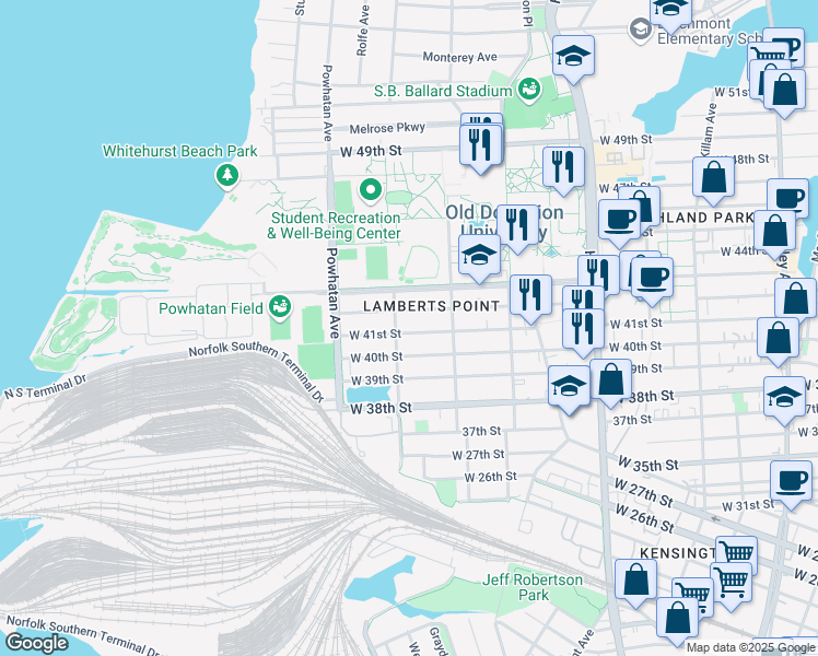 map of restaurants, bars, coffee shops, grocery stores, and more near 1442 West 41st Street in Norfolk