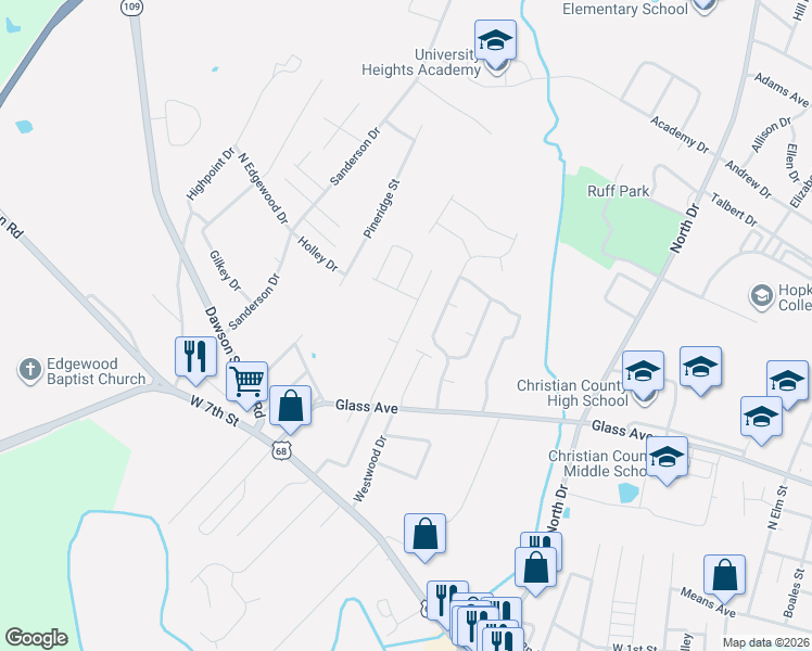 map of restaurants, bars, coffee shops, grocery stores, and more near 623 Colonelette Drive in Hopkinsville
