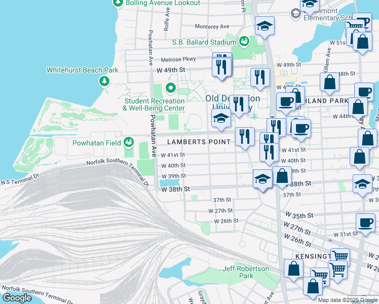 map of restaurants, bars, coffee shops, grocery stores, and more near 1442 West 41st Street in Norfolk