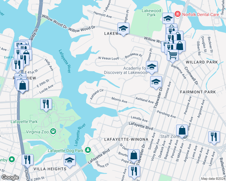 map of restaurants, bars, coffee shops, grocery stores, and more near 1516 Ashland Avenue in Norfolk