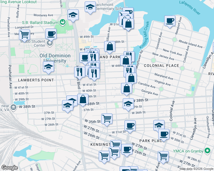 map of restaurants, bars, coffee shops, grocery stores, and more near 859 West 41st Street in Norfolk