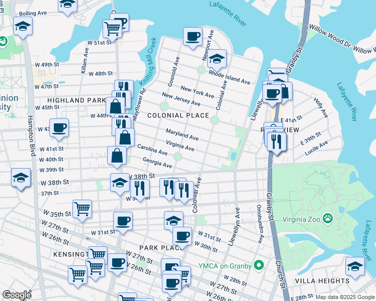 map of restaurants, bars, coffee shops, grocery stores, and more near 543 Virginia Avenue in Norfolk