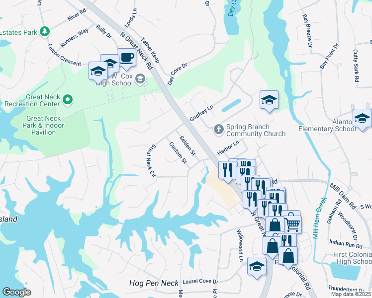 map of restaurants, bars, coffee shops, grocery stores, and more near 1521 Selden Street in Virginia Beach