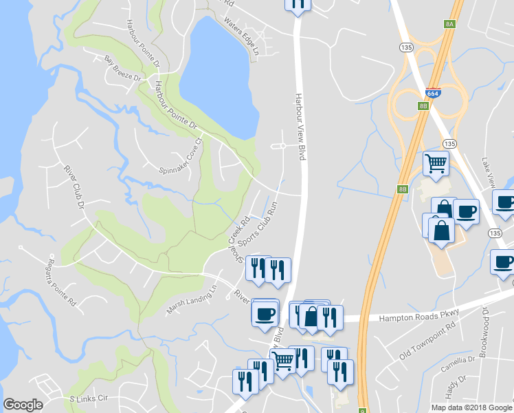 map of restaurants, bars, coffee shops, grocery stores, and more near 5308 Shoal Creek Road in Suffolk